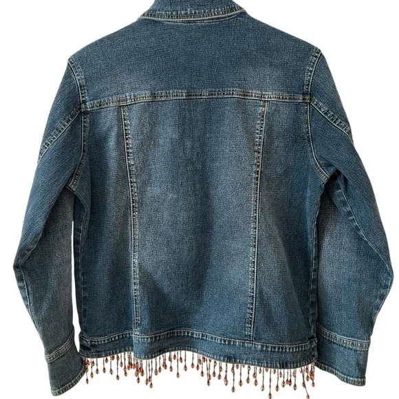 Diane Gilman Women’s Denim Funky Boho Jacket‎ Rhinestone Buttons Beaded Fringe - Picture 2 of 7